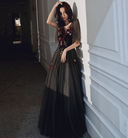 BLACK LACE LONG PROM DRESS BLACK EVENING DRESS     cg19735