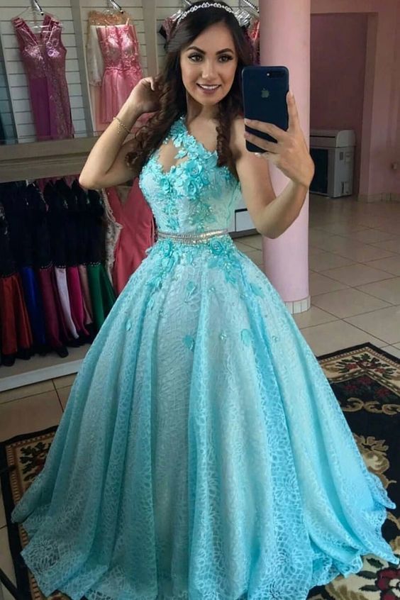 Blue Lace One Shoulder Two Pieces Long Prom Dress     cg19779
