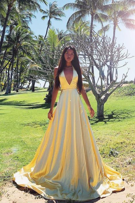 Yellow Satin A-Line Prom Dress With Side Slit    cg19782