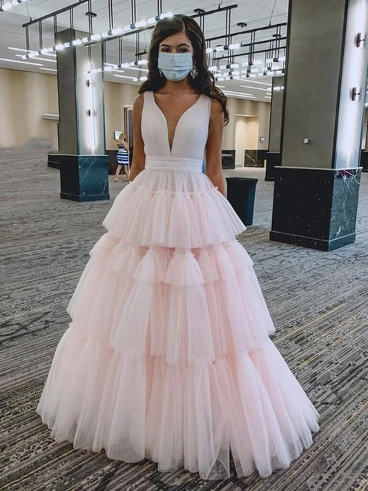 V Neck PinkTulle Long Prom Dresses, Pink Tulle Long Formal Evening Dresses    cg19795