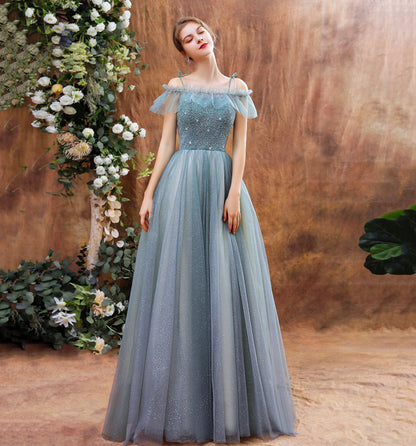 SHINY TULLE BEADS LONG PROM DRESS BLUE EVENING DRESS    cg19810