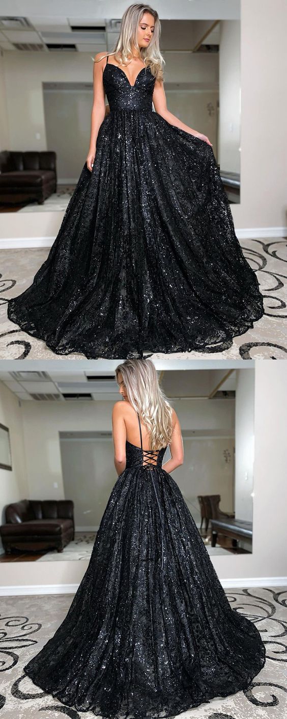 Spaghetti Straps Black Sequin A-line Prom Dress    cg19823