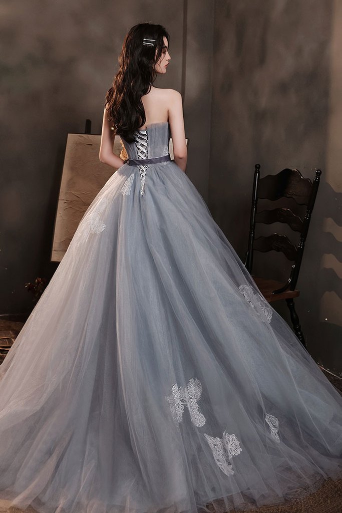 GRAY TULLE LACE LONG PROM DRESS GRAY TULLE FORMAL DRESS    cg19838