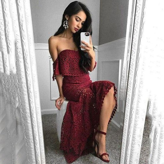 Burgundy Lace Mermaid Prom Dress , Charming Prom Dress    cg19841