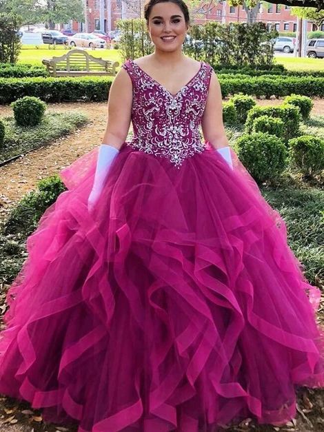 V-neck Ball Gown Asymmetry Fuchsia Tulle Quinceanera Dress with Beading,Ball Gown Long Prom Dress   cg19848