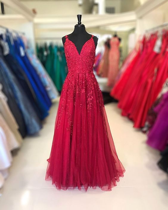 A-line Red Lace Long Prom Dress    cg19855