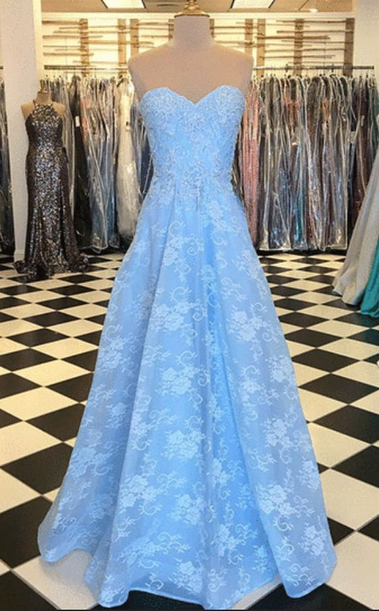 Blue lace sweetheart neck long strapless prom dress, evening dress,long Prom Dress,evening dress   cg19867