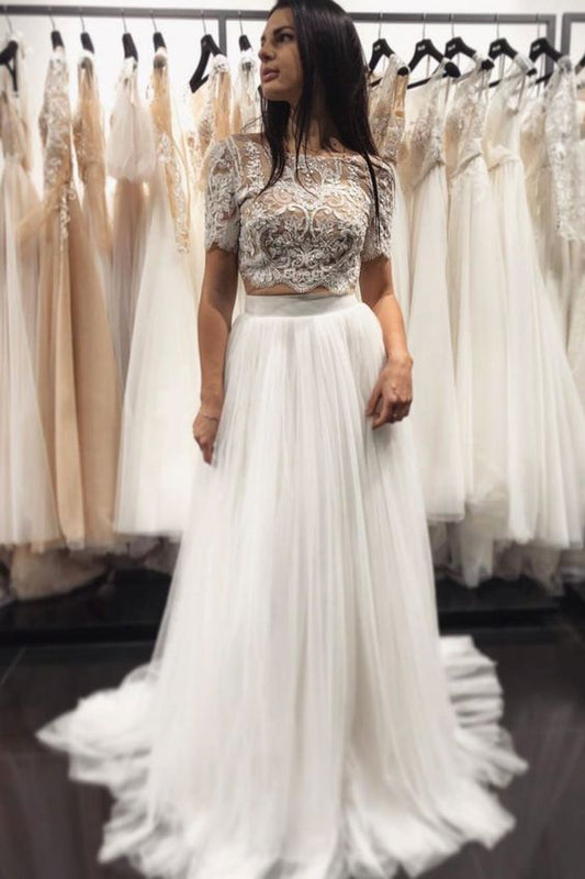 long prom dress two piece white jewel 1/2 sleeves full length fanshion dress,applique lace tulle wedding dress    cg19869