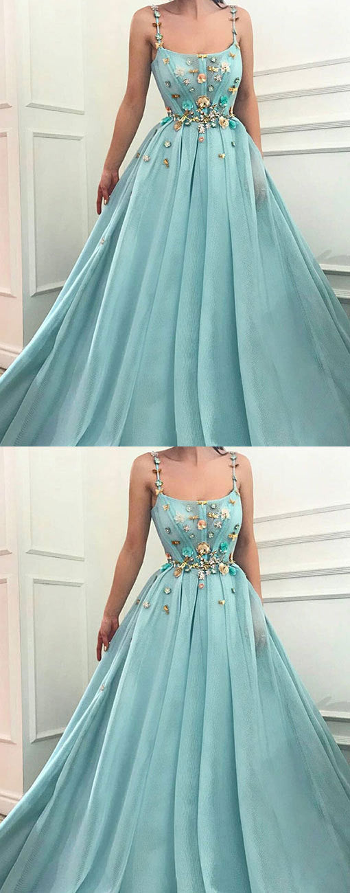 Green Tulle Long Prom Dresses,A Line Elegant Quinceanera Dresses,Spaghetti Straps Satin Prom Dresses,Prom Dresses   cg19886
