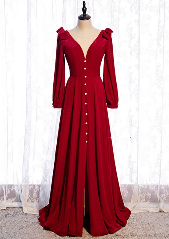 A-Line Burgundy Velvet Long Sleeve Prom Dress With Split     cg19902