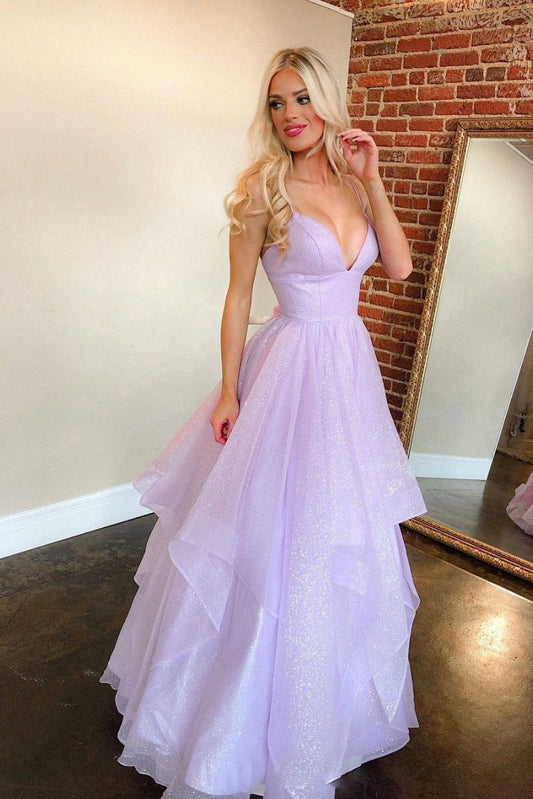 Purple v neck tulle long prom dress purple formal dress    cg19928