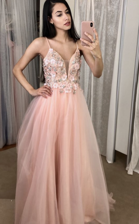 A-line pink long prom dress formal dress with v neckline     cg19979
