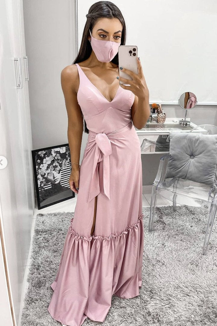 Pink v neck long A line prom dress pink evening dress    cg19995