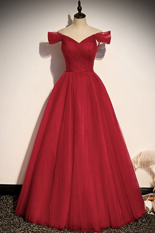 Red v neck tulle long prom dress A line evening dress    cg19997