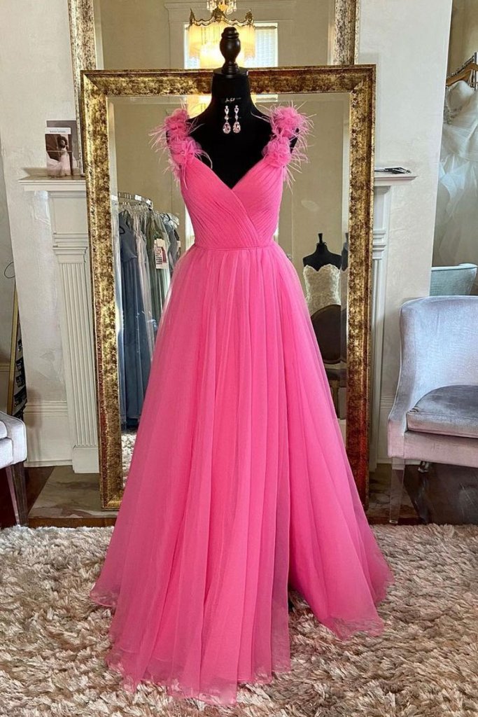 PINK V NECK TULLE LONG PROM DRESS PINK TULLE FORMAL DRESS    cg20009