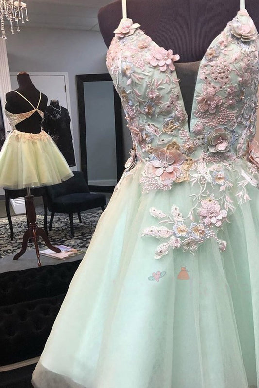 Mint Green Short Homecoming Dress with Flowers, Mini Tulle Graduation Dress with Pearls    cg20030