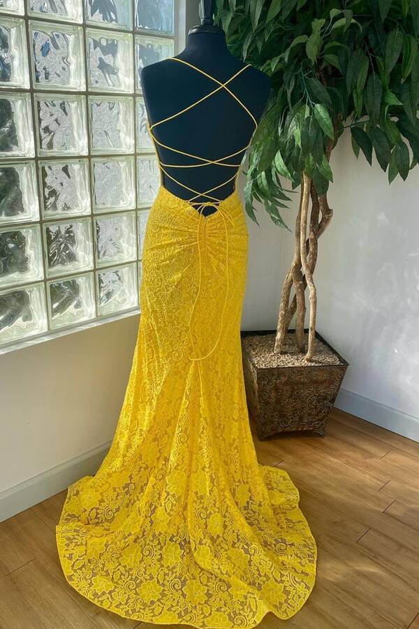 mermaid yellow lace long prom dress| 2021 prom dress formal dress    cg20045