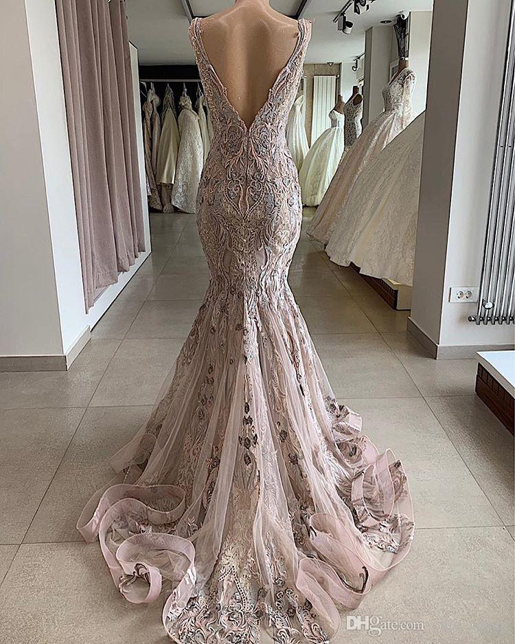 Lace Beaded Sexy African Dubai Evening Dresses Mermaid Backless Prom Dresses Deep V-neck Formal Party Bridesmaid Pageant Gowns   cg20072