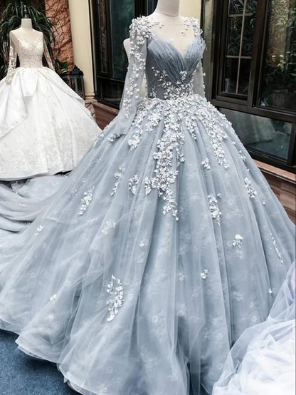 Romantic light grey long sleeves floral lace applique ball gown prom dress with court train   cg20084