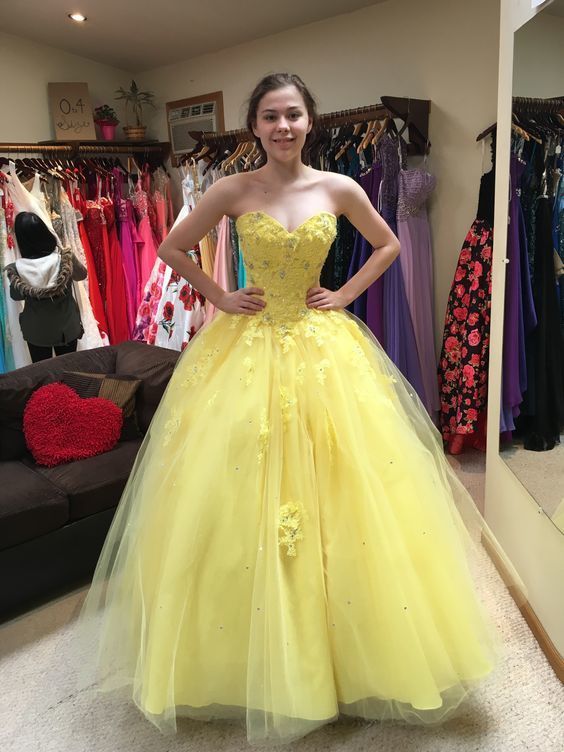 Sweetheart yellow tulle lace long prom dress    cg20097