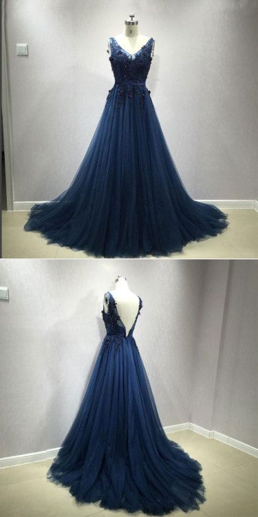 dark blue lace tulle long prom dress, evening dress  cg20123