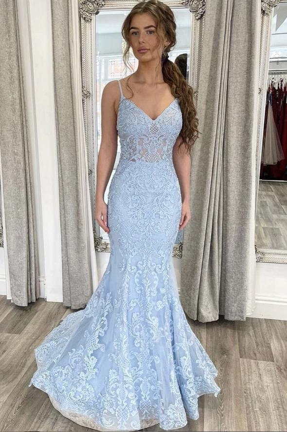 Blue lace long prom dress mermaid evening dress    cg20143