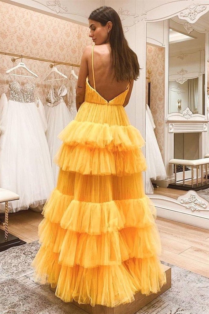 V Neck Backless Yellow Tulle Layered Long Prom Dresses, Layered Yellow Formal Evening Dresses   cg20145