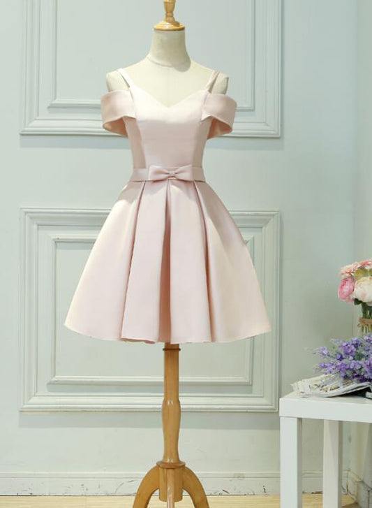 Light Pink Satin Knee Length Off Shoulder Party Dress, Short Pink Homecoming Dress    cg20184