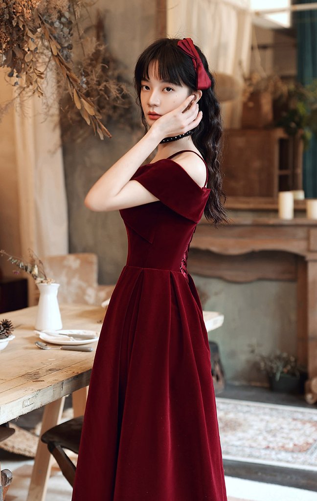 Wine Red Velvet Off Shoulder Long Evening Dress, Dark Red Party Dress Formal Dress Prom Dress    cg20185