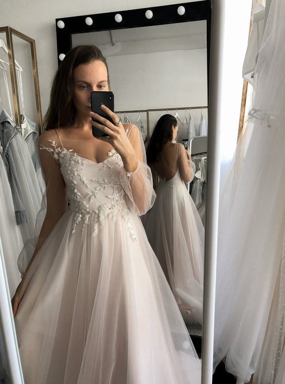 Open Back Tulle Prom Dress, Chamring Prom Dress With Appliques Top    cg20192