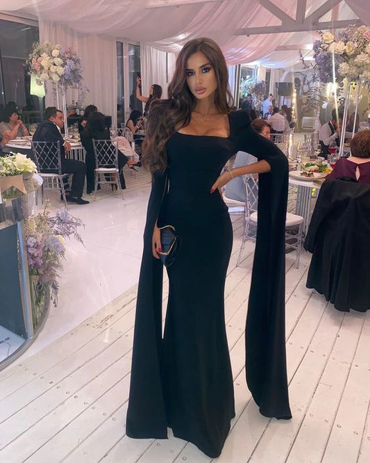 Black Simple Mermaid Floor Length Prom Dress With Long Sleeves     cg20197