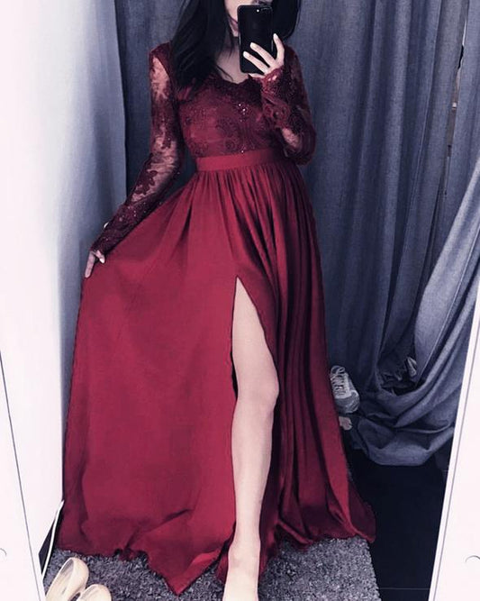 Elegant Lace Long Sleeves V Neck Split Satin Dress prom dresses    cg20218