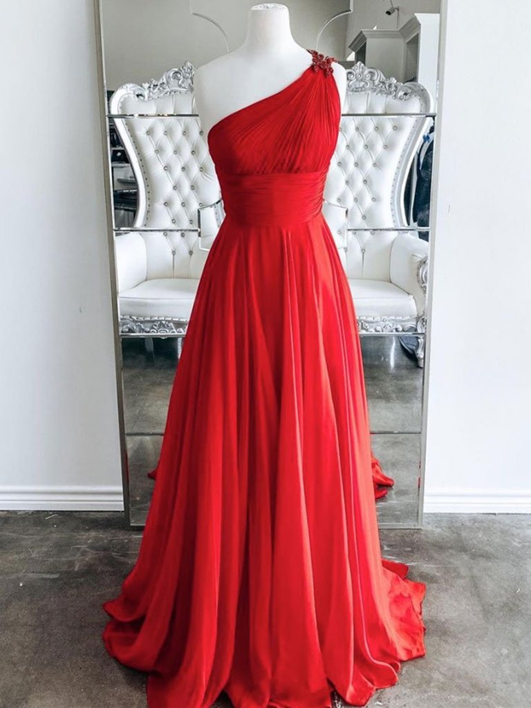 One Shoulder Backless Red Chiffon Long Prom Dresses    cg20242