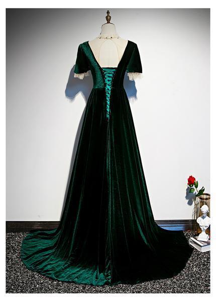 Dark Green Velvet Short Sleeves A-Line Prom Dress    cg20259