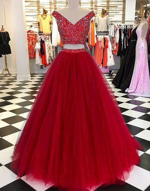 v neck tulle beads long prom dress, burgundy evening dress    cg20280