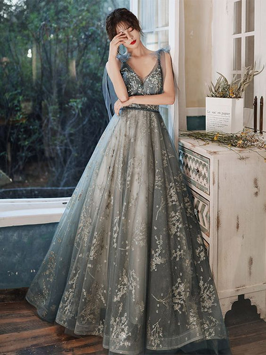 Sexy V-neck Shoulder Straps Sleeveless Gray Glitter Evening Gown With Train Prom Dress     cg20314