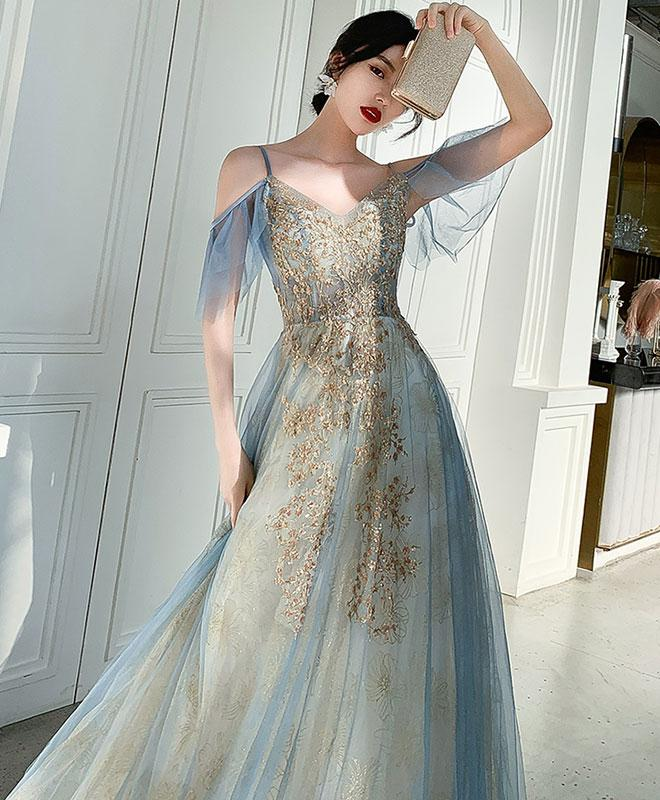 Charming Lace Light Blue V-Neckline Long Prom Dress, A-Line Formal Dress Evening Dress   cg20334