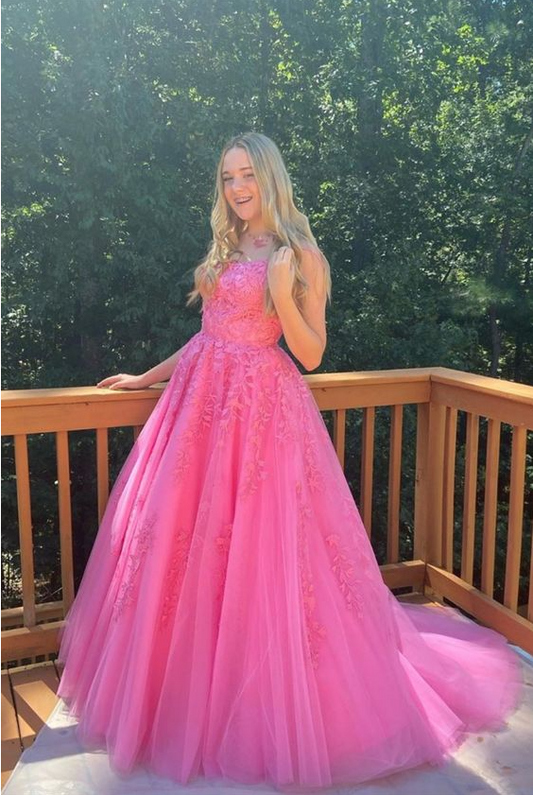 Hot Pink Lace Tulle Appliques Long Prom Dress    cg20345