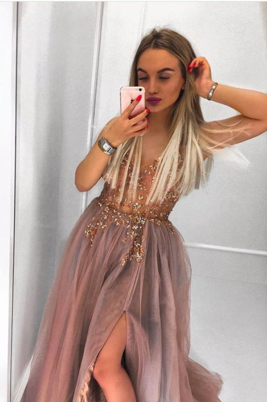 Rose Gold Tulle Crystals Long Prom Dress with Side Slit    cg20372