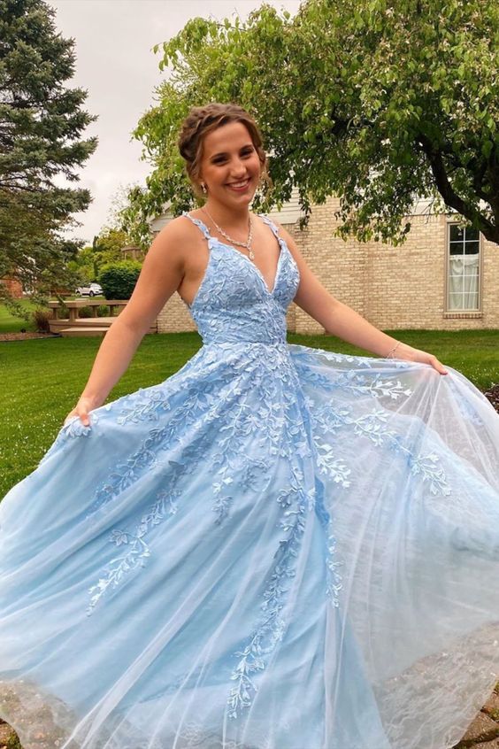 Gorgeous Light Sky Blue Long Lace Prom Dress, V Neck Lace Long Formal Evening Dresses   cg20373