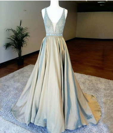 A-Line Deep V-Neck Floor-Length Light Champagne Prom Dress  cg2039