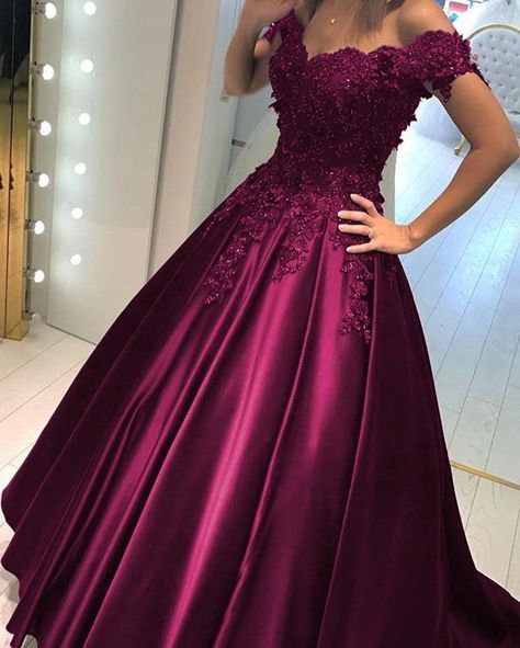 Lace Flower Off The Shoulder Satin Prom Dresses Ball Gowns    cg20411