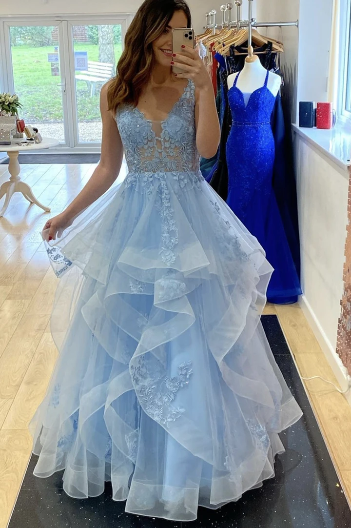 Long Prom Dress Blue v neck lace long ball gown dress blue evening dress    cg20435