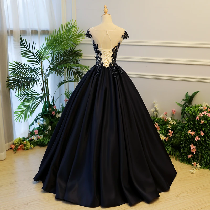 High Quality Satin With Lace Applique Round Neckline Formal Gown, Black Party Dresses Prom Dress    cg20448