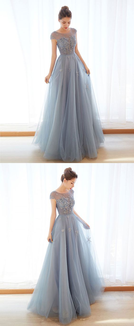 Gray blue tulle long prom dress, gray blue evening dress cg2045