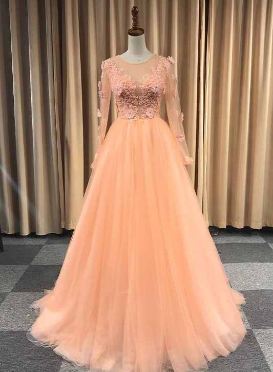 Light Orange Tulle Long Sleeves With Lace Party Dress, Long Prom Dress Formal Dress   cg20450