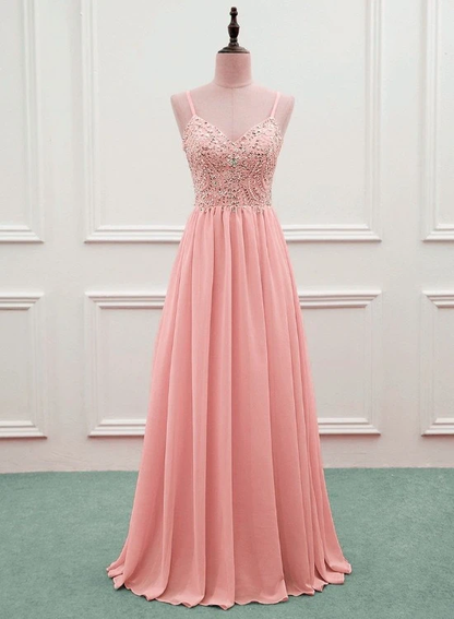 Pink Beaded Sweetheart Chiffon A-Line New Prom Dress, Pink Evening Gown Wedding Party Dress   cg20453