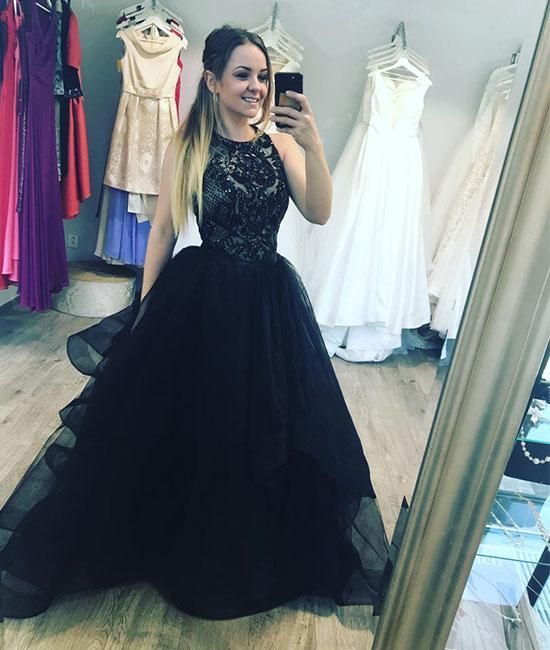 Black tulle lace long prom dress, evening dress     cg20473