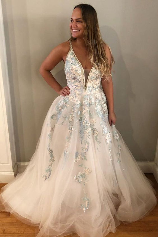 Gorgeous A-line white and light blue floral embroidery long prom dress    cg20497