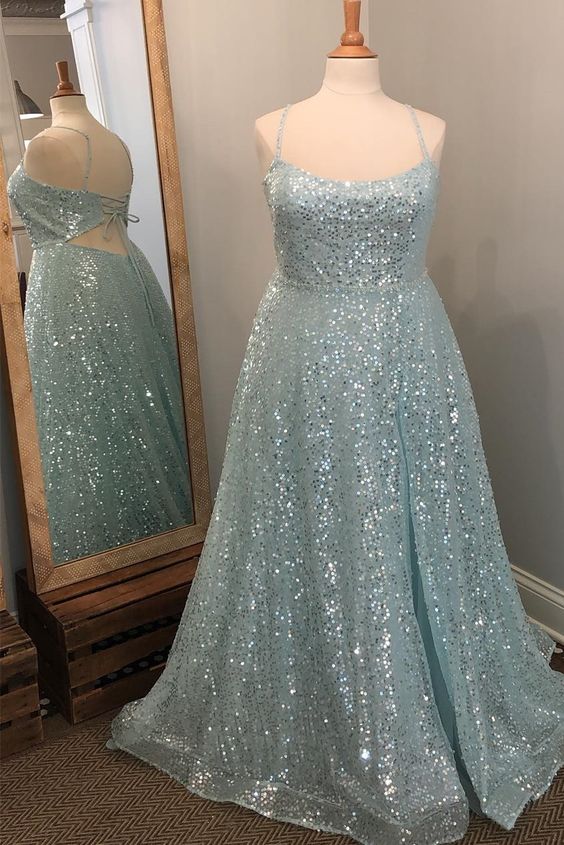 Light Blue Side Slit Long Prom Dress with Sequins    cg20498